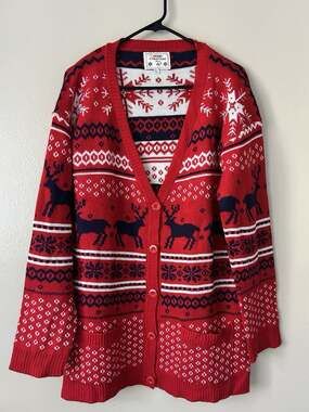 V28 Christmas Cardigan Sweater Womens Large Red Fair Isle Reindeer Snowflake